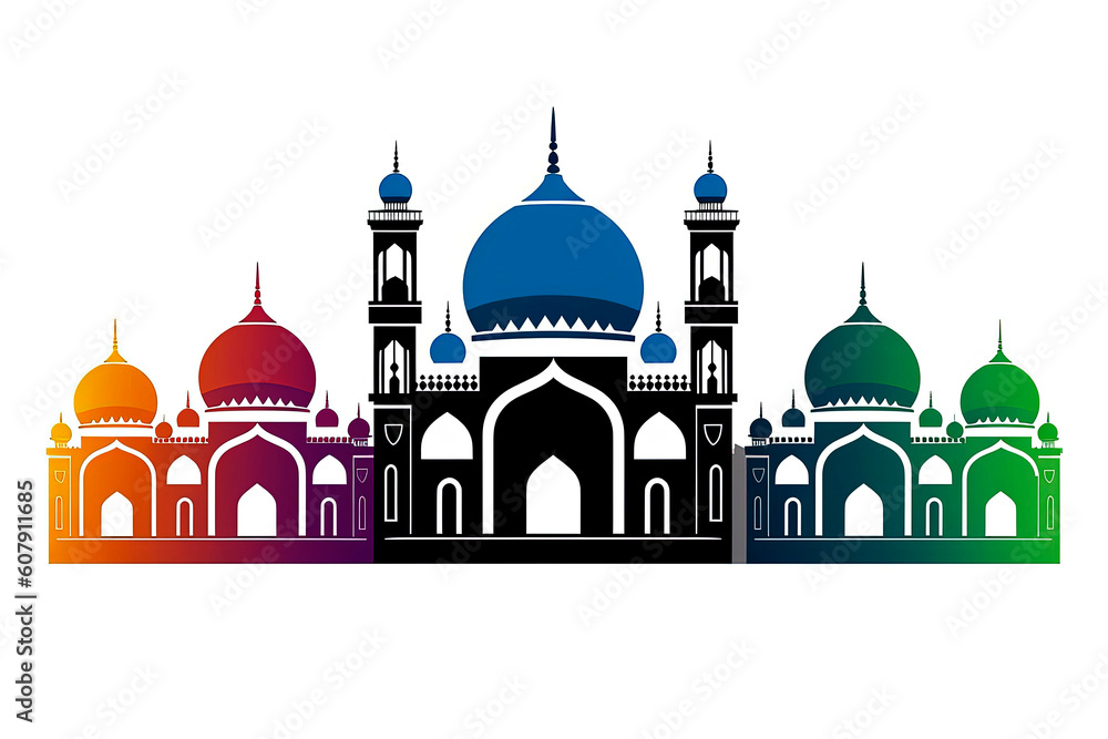 Generative AI illustration of Arabic muslim mosque icon in colors silhouette logo vector illustration design template