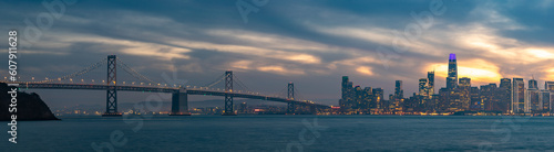 Oakland Bay Bridge and Downtown San Francisco at Sunset Panorama