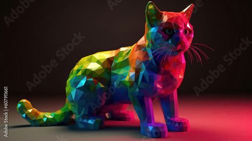 Little 3d cubes showing all rainbow color palette covering whole body shape of the cat. looking straight into camera