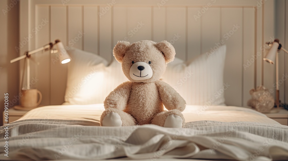 cute stuffed animal toy teddy bear sitting on cozy bed, Generative Ai
