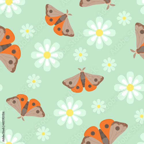 Moths and daisy on green background. Floral seamless pattern. Vector cute simple flat illustration.