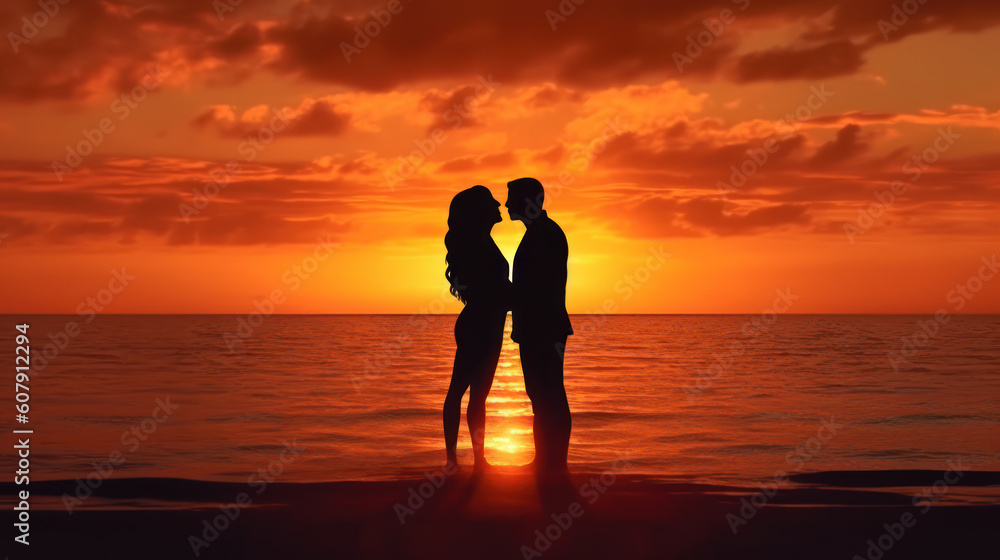Eternal Love: Young Couples Silhouetted Against the Setting Sun. Generative AI