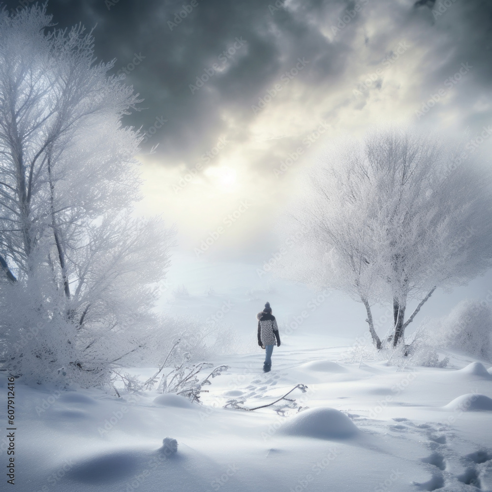 Winter Wonderland: Person Walking Through Snowy Landscape - Photo Art Created with Generative AI and Other Techniques, Winter Wonderland: Person Walking Through Snowy Landscape - Photo Art Created with Generative AI and Other Techniques,