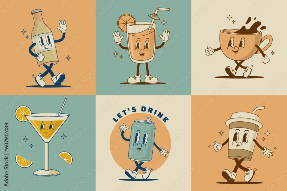 Set of retro cartoon funny characters. Martini coctail, coffee cup, cappuccino, latte, fresh juice, beer, soda can mascot. Vintage drink vector illustration. Nostalgia 60s, 70s, 80s - obrazy, fototapety, plakaty 