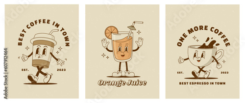 Set of retro cartoon funny characters posters. Vintage drink vector illustration. Latte, cappuccino, coffee cup, fresh juice mascot. Nostalgia 60, 70s, 80s. Print for cafe
