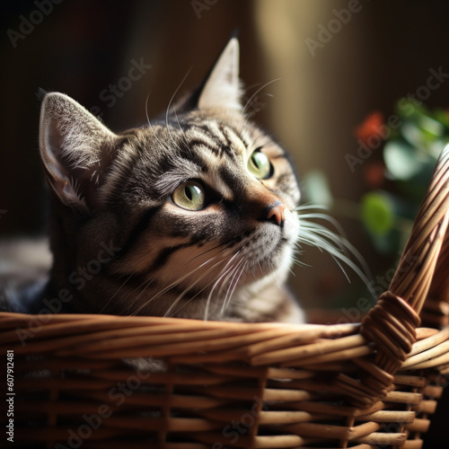 Curious Tabby Cat Peeking from Basket | Photo Art Created with Generative AI and Other Techniques photo
