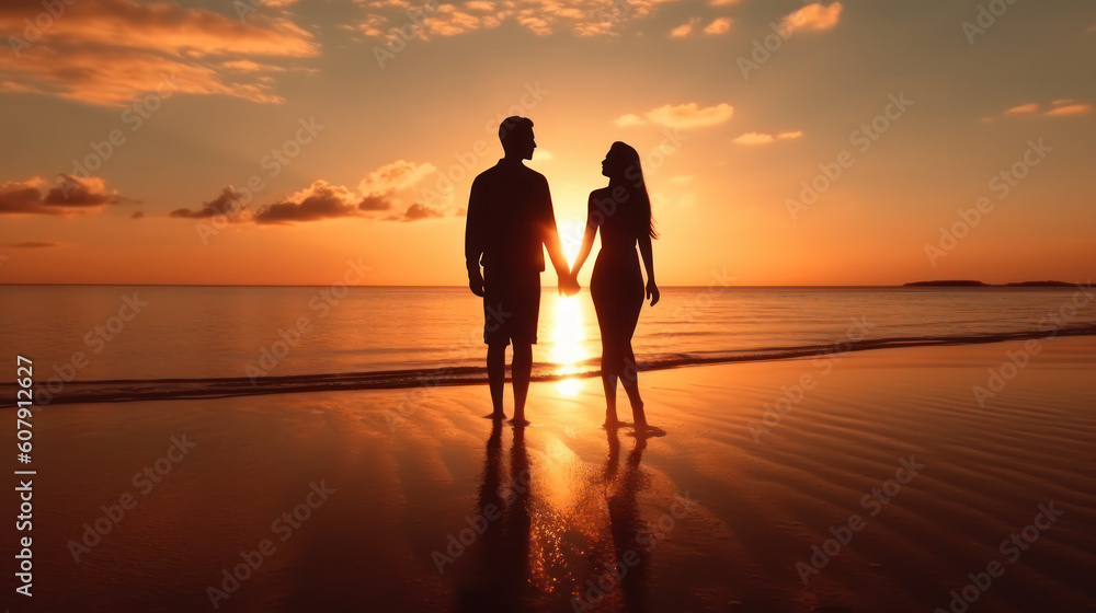 Serenade of Love: Silhouettes of Young Couples Embracing the Sunset. Generative AI