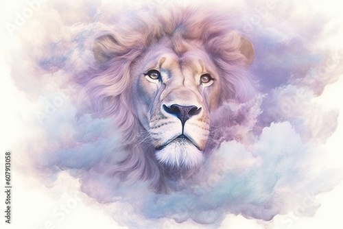 dreamlike watercolor lion print where the lion appears almost mystical. soft  pastel colors like lavender  blush pink  and pale blue to create a serene and otherworldly atmosphere