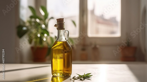 Olive Oil Bottle Graced by Sunlight in a Serene Setting against a Window Background