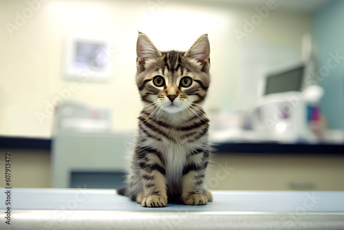 Cute tabby kitten sitting on a table in a veterinary clinic. Generative Ai