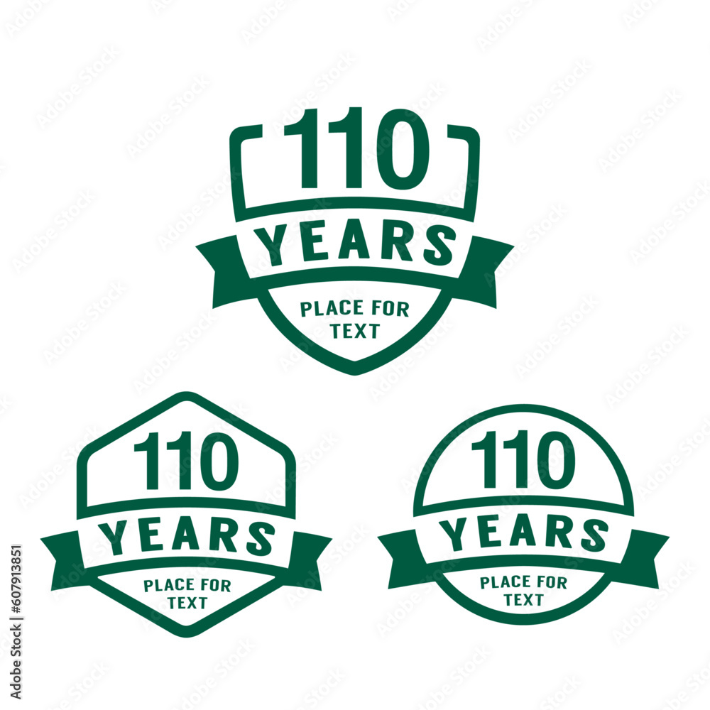 110 years anniversary celebration logotype. 110th anniversary logo collection. Set of anniversary design template. Vector illustration.
