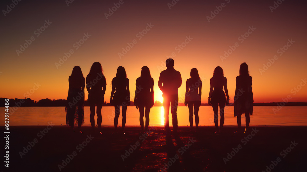 Sunset Beach Party: Silhouettes of Youth Embracing the Magic of the Sunset. Generative AI