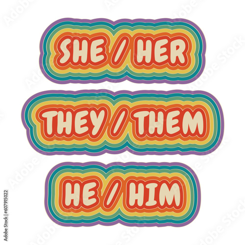 Tableau sur toile Set of colorful gay pride graphics showing gender pronouns she her they them he