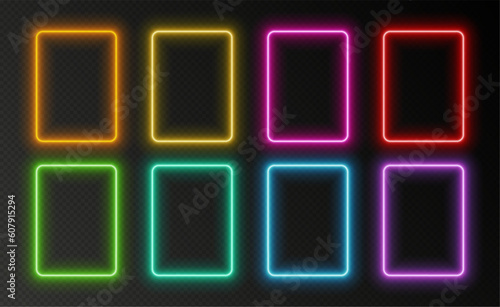 Neon rectangular frames, glowing borders set, colorful futuristic UI design elements. Vibrant geometric shapes, modern signs collection. Bright social media templates. Vector illustration.