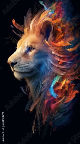 digital artwork of a lion with colorful flames coming out of its mane and eyes, Generative Ai © Régis Cardoso