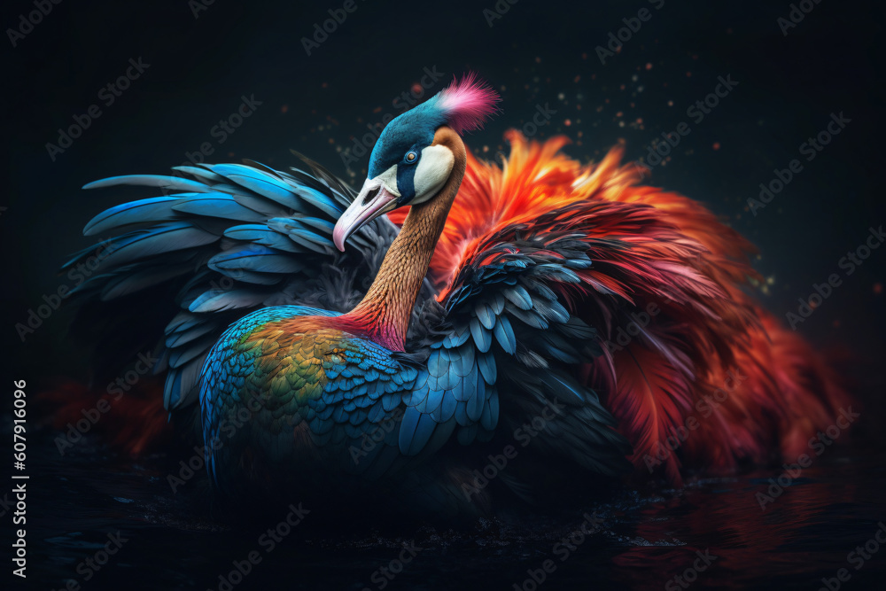digital artwork of a bird with colorful feathers and a dark background, Generative Ai