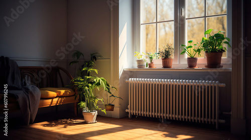 Cozy Comforts, Radiator, Home Heating, and Lush House Plants in the Inviting Living Room. Generative AI photo