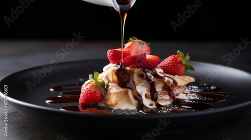 balsamic vinegar glaze being poured onto a dish of sliced strawberries and vanilla ice cream