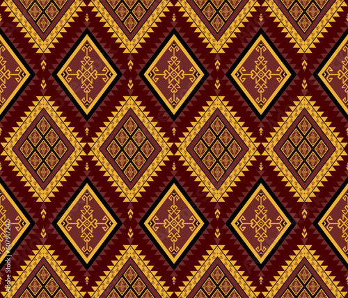 Emblem ethnic folk geometric seamless pattern in red and yellow on dark red vector illustration design for fabric, mat, carpet, scarf, wrapping paper, tile and more