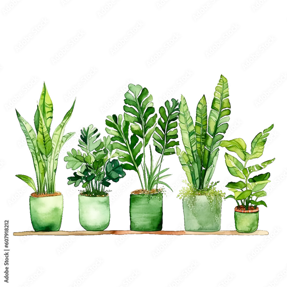 Fototapeta premium Green potted flowers arranged in a row next to each other, watercolor style illustration perfect for invitations or posters. Generative ai