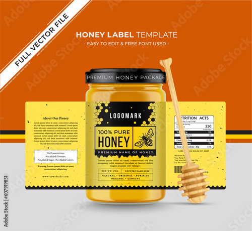 Honey label sticker honey design banner natural bee honey glass jar bottle creative packaging idea, white minimal clean design background flower organic food product bee black yellow label.