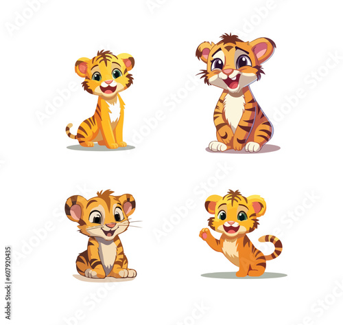 Vector illustration of a tiger cub with different emotions and poses on a white background