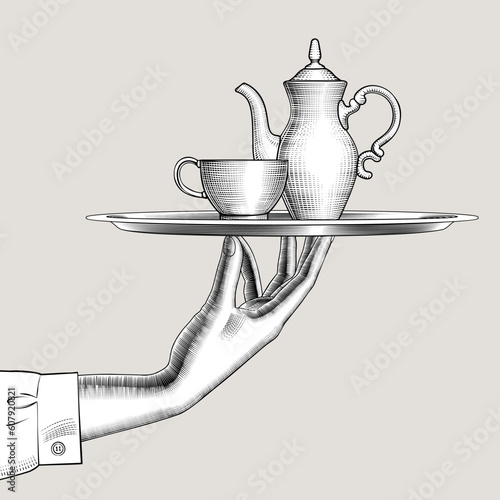 Female hand holding a round tray with coffee or tea pot and cup. Vintage engraving stylized drawing. Vector illustration