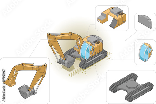 isometric illustration of an excavator and his components
