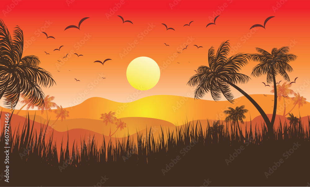 Landscape of Tropical Sunset with Palms and flying birds