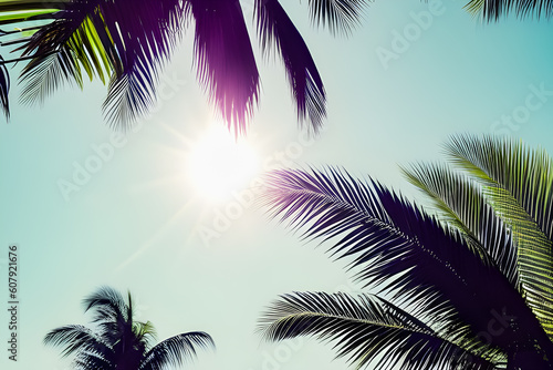 Palm leaves in front of blue sunny summer sky generative ai © maria_lh