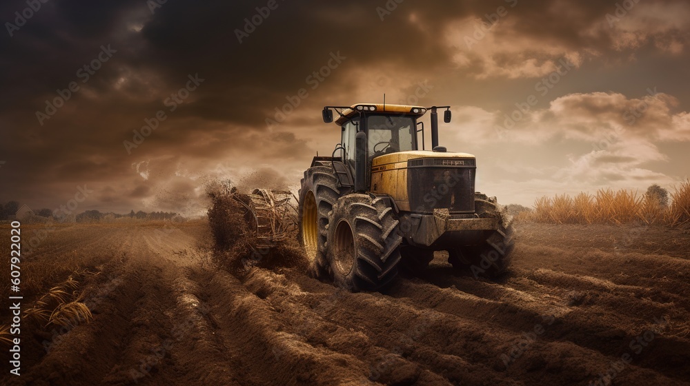 Big powerful wheeled tractor pulls the field. Generative ai. Big powerful wheeled tractor pulls the field. Generative ai.