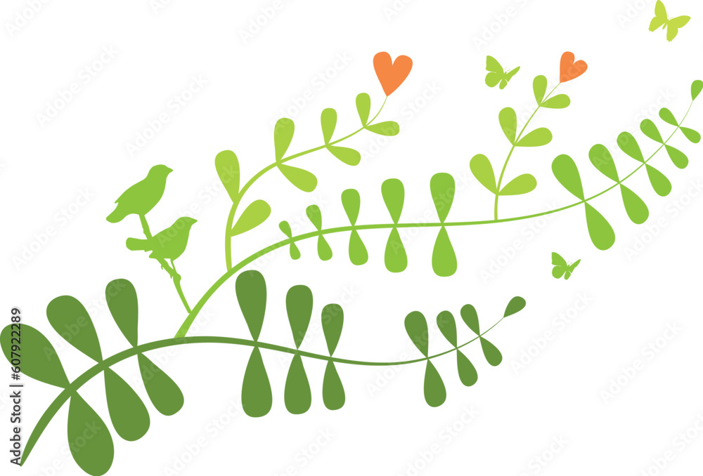 Obraz premium Floral branch with heart flowers and birds, vector background