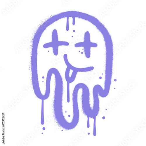 Trippy psychedelic smiling emoji in 90s urban graffiti style. Melting smiling face with tongue. Psychedelic surreal techno acid LSD melt smile emoticon. Dripping smile. Good mood. Textured Vector