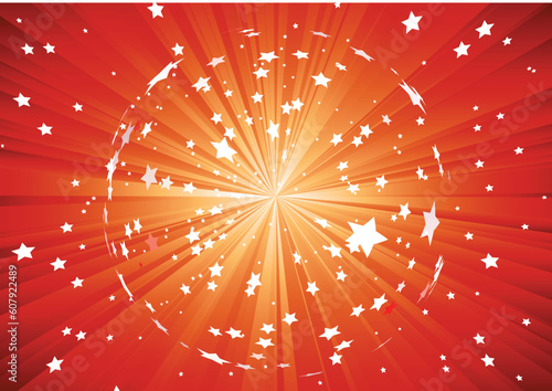 Vector illustration of red background with light rays and burst of stars