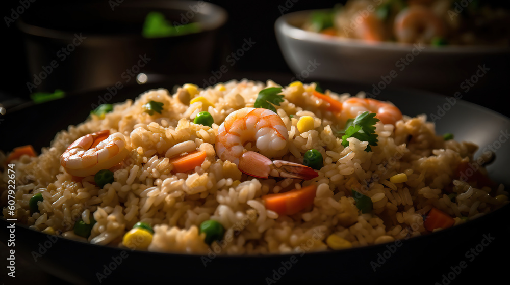 A Symphony of Flavors: Irresistible Shrimp Fried Rice, Packed with Succulent Goodness, Generative AI