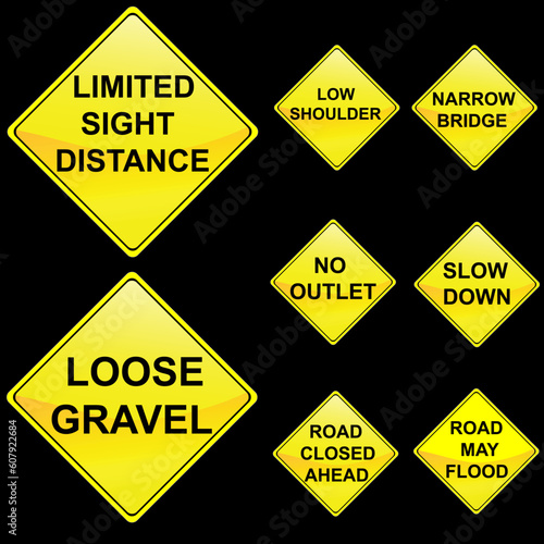 Vector Illustration of Eight Diamond Shape Yellow Road Signs Set 8