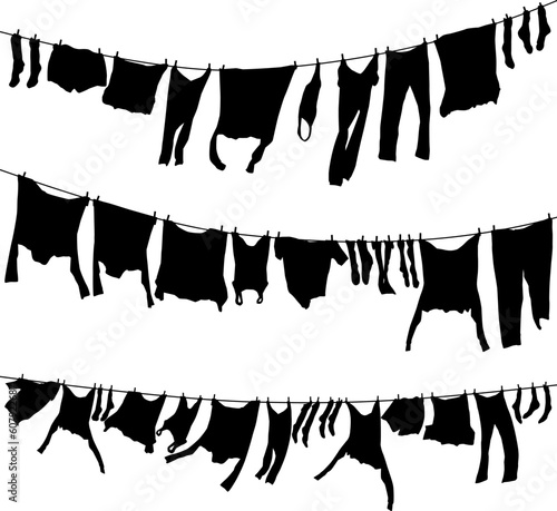 Set of editable vector washing lines with drying clothes; all individual clothes are separate objects