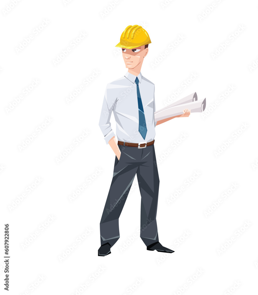 Engineer with pack of some construction documents wearing hard hat and costume