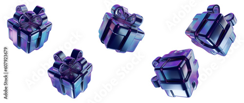 3d set holographic gift box on isolated background. Present with neon colors. 3d rendering illustration.