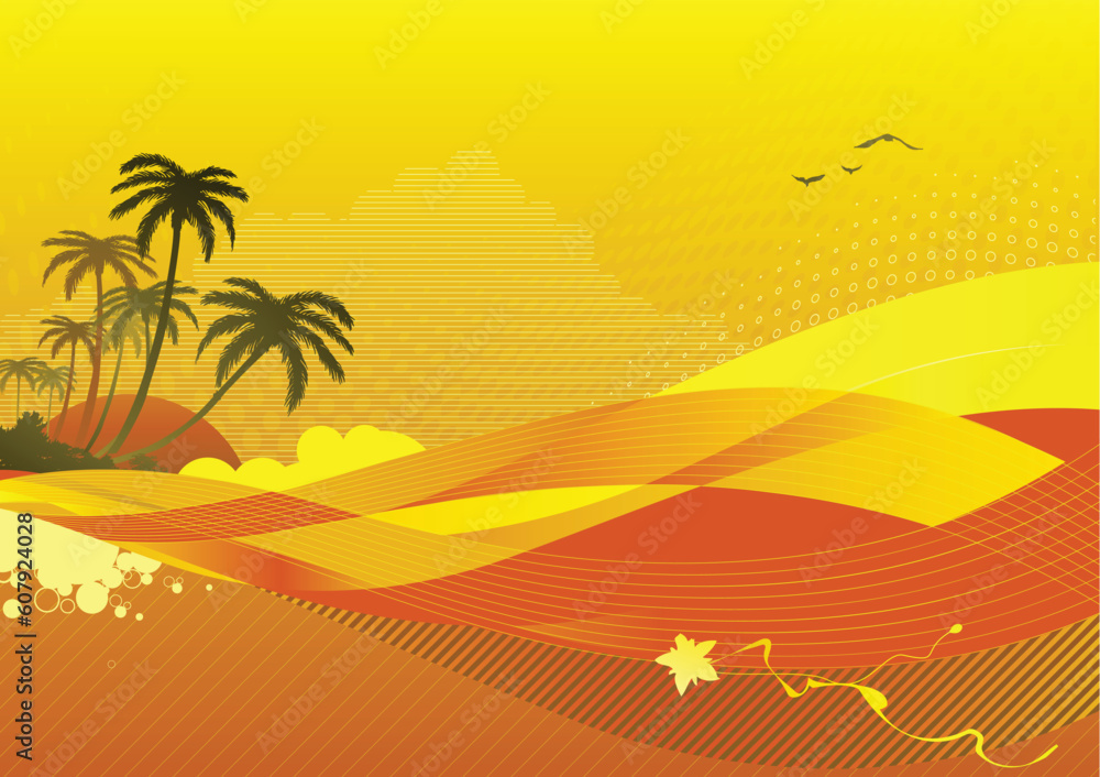 Vector illustration of abstract  background with sunrise on the ocean coast.