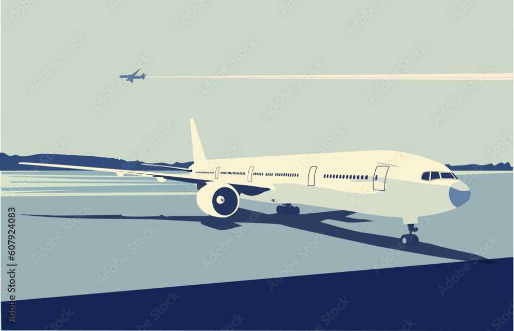 Vector illustration of a detailed airplane on the urban airport scene. Retro style. Vector illustration of a detailed airplane on the urban airport scene. Retro style.