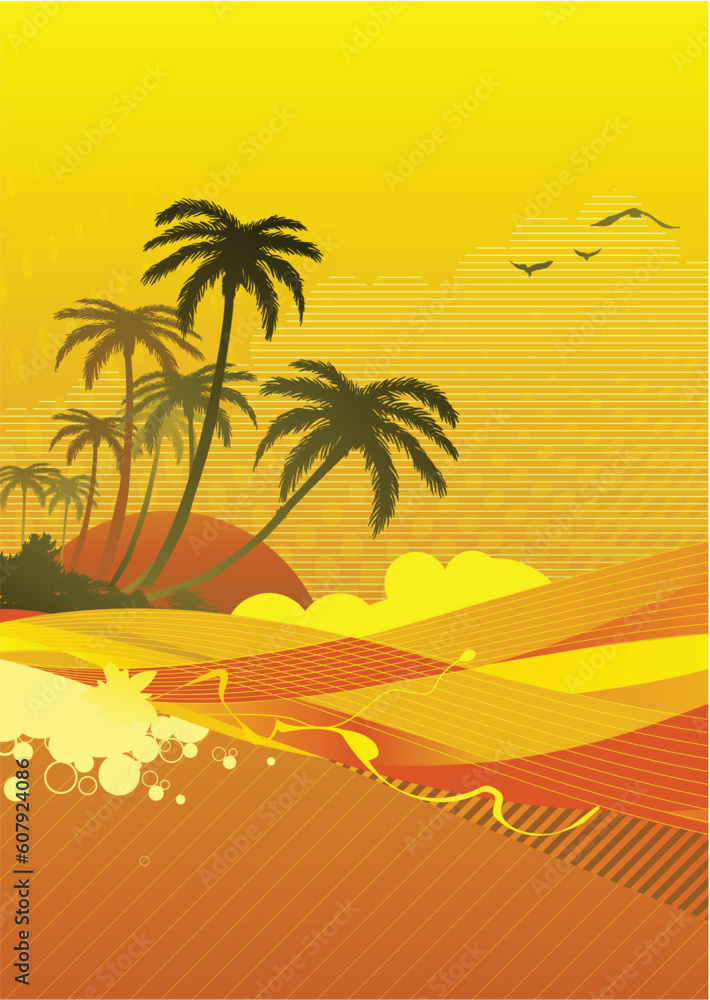 Vector illustration of abstract background with sunrise on the ocean coast