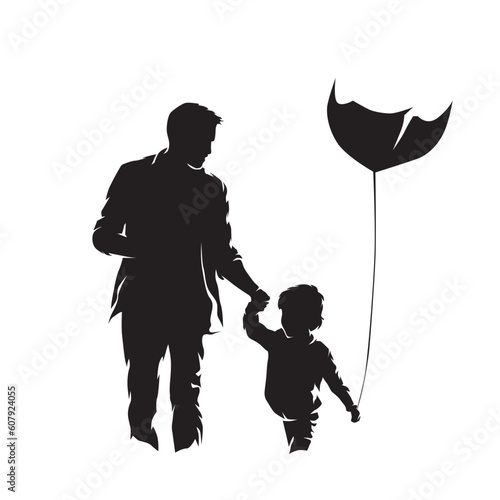 Father and son fly kite. Spending time together with children, isolated vector silhouette