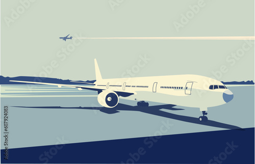 Vector illustration of a detailed airplane on the urban airport scene.  Retro style.