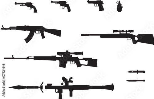Silhouettes of pistol, revolver, grenade, automatic weapons, rifles and knifes