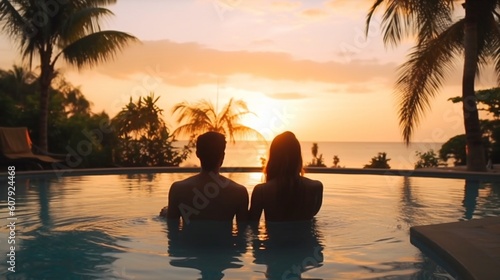 Back view photo of a young couple relaxing and enjoying the sunset. Generative AI. © 121icons