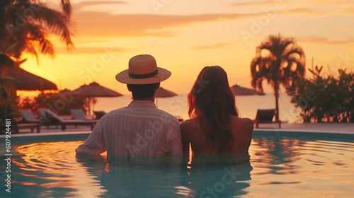 Back view photo of a young couple relaxing and enjoying the sunset. Generative AI.