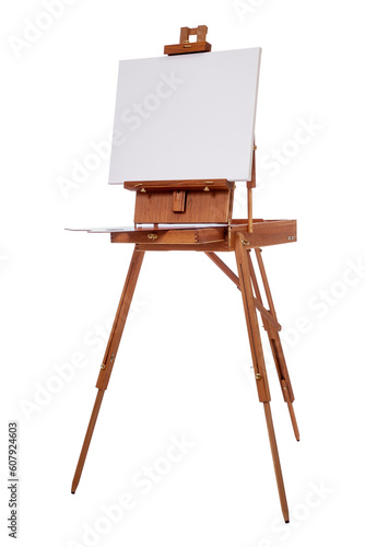 Portable foldable easel with canvas for oil painting on location isolated on white background
