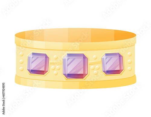 Gold bangle with realistic glowing purple gemstones. Vector isolated cartoon female jewelry bracelet.