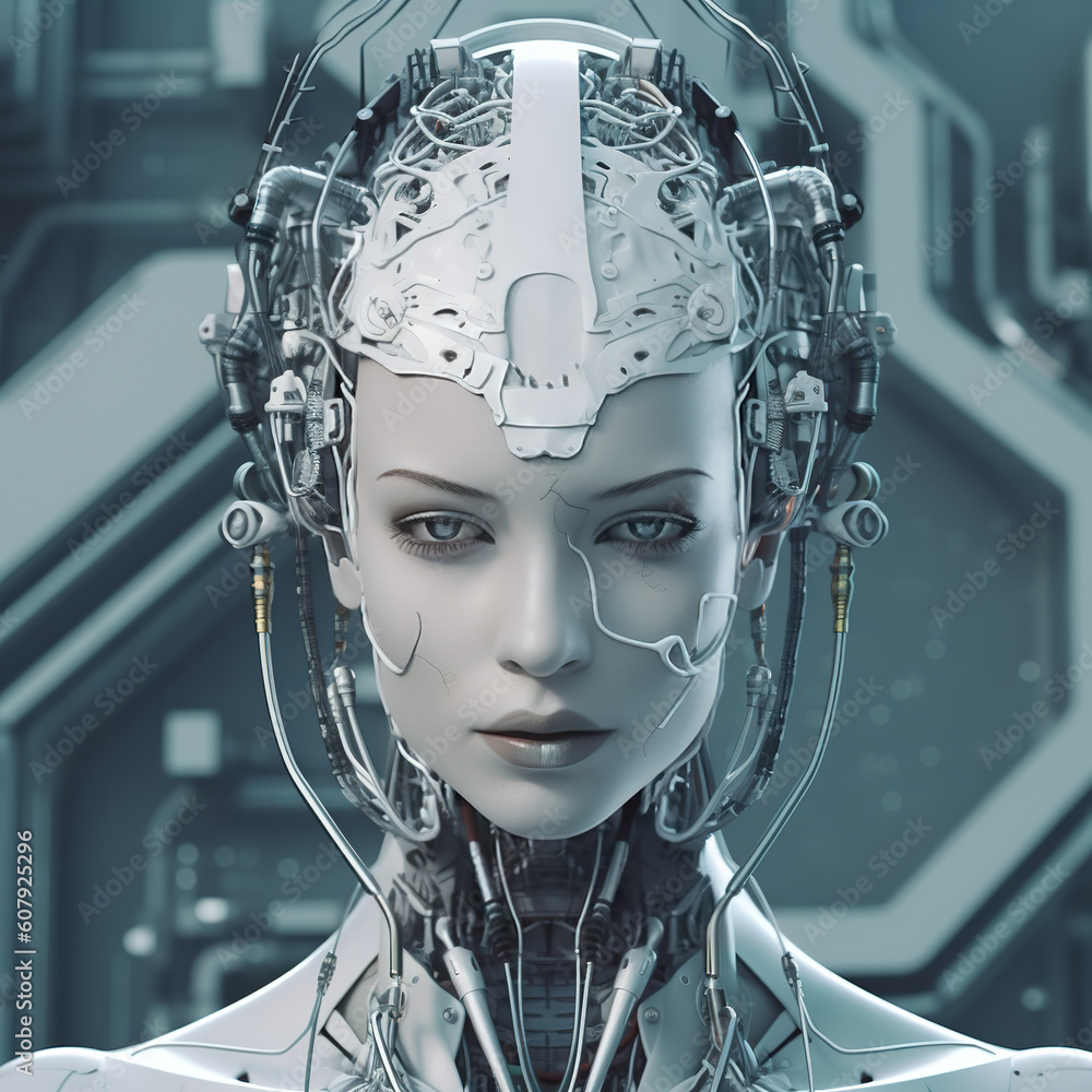 Artificial intelligence in image of cyborg girl with electronic brain. Neural network trained using a virtual hud interface. Machine learning technology concept. Sci-Fi cybernetic robot with AI. Artificial intelligence in image of cyborg girl with electronic brain. Neural network trained using a virtual hud interface. Machine learning technology concept. Sci-Fi cybernetic robot with AI.